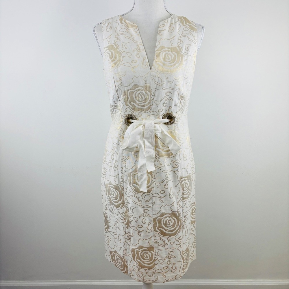 New Vertigo Paris Gold Floral Brocade Sheath Dress Metallic V-Neck Cocktail XS